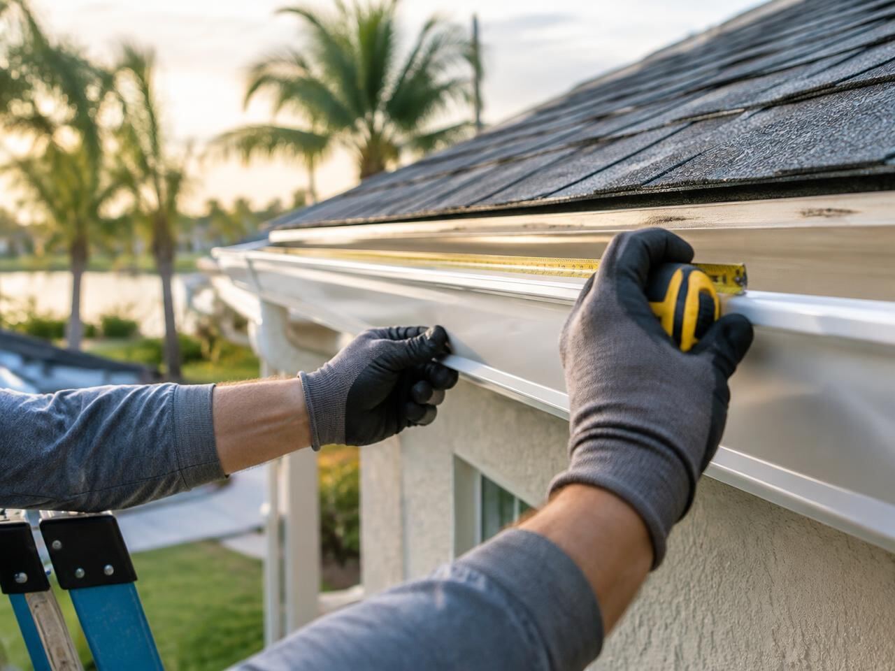 Gloved hands measuring a white aluminum gutter along the eave of a Florida home
