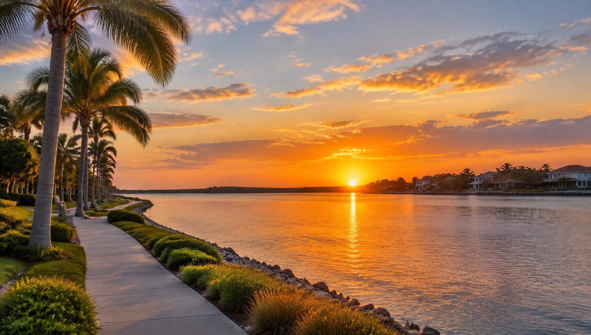 Palm-lined waterfront walking path beside a wide Gulf Coast river at sunset