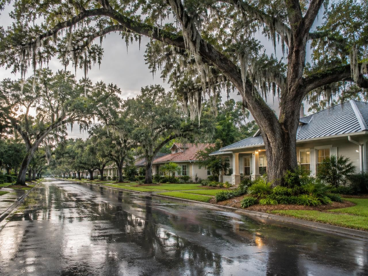 Residential street lined with moss-draped oak trees and single-story homes after a rain shower