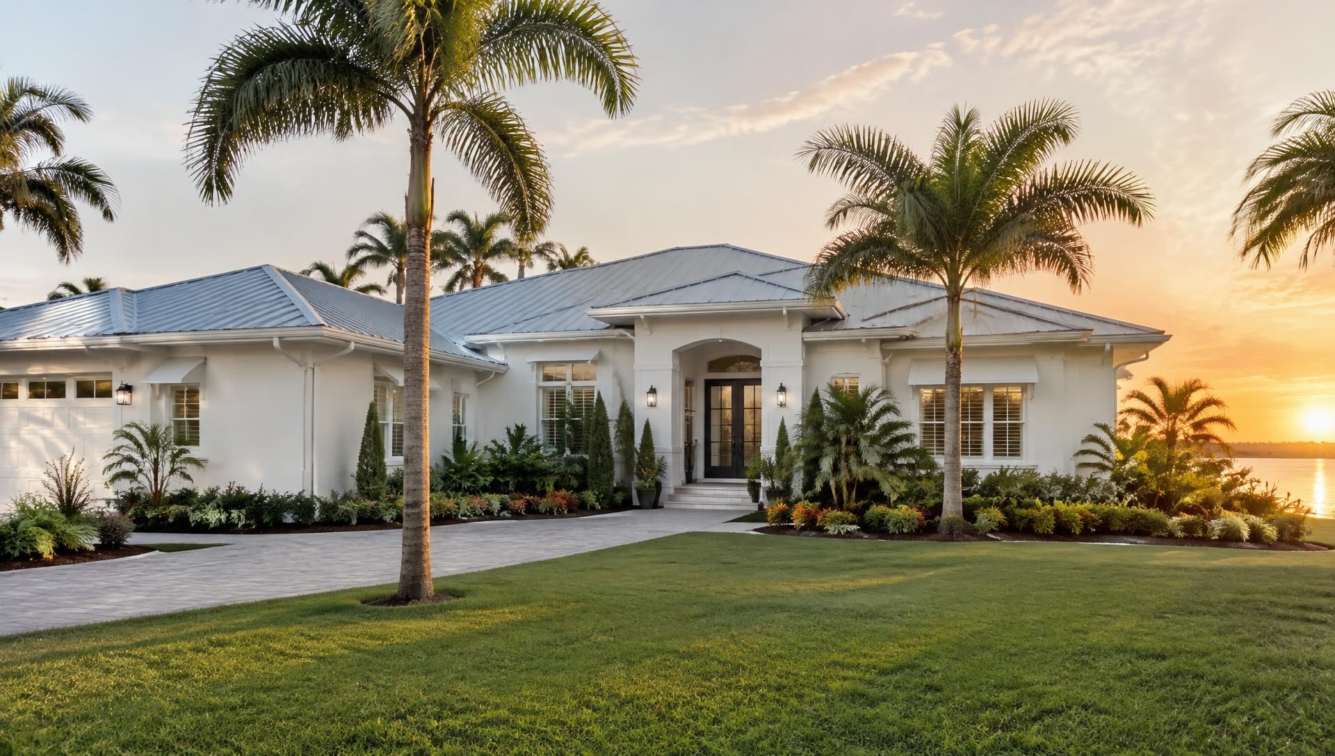 White stucco Florida home with a metal roof, white gutters and palm trees at sunset