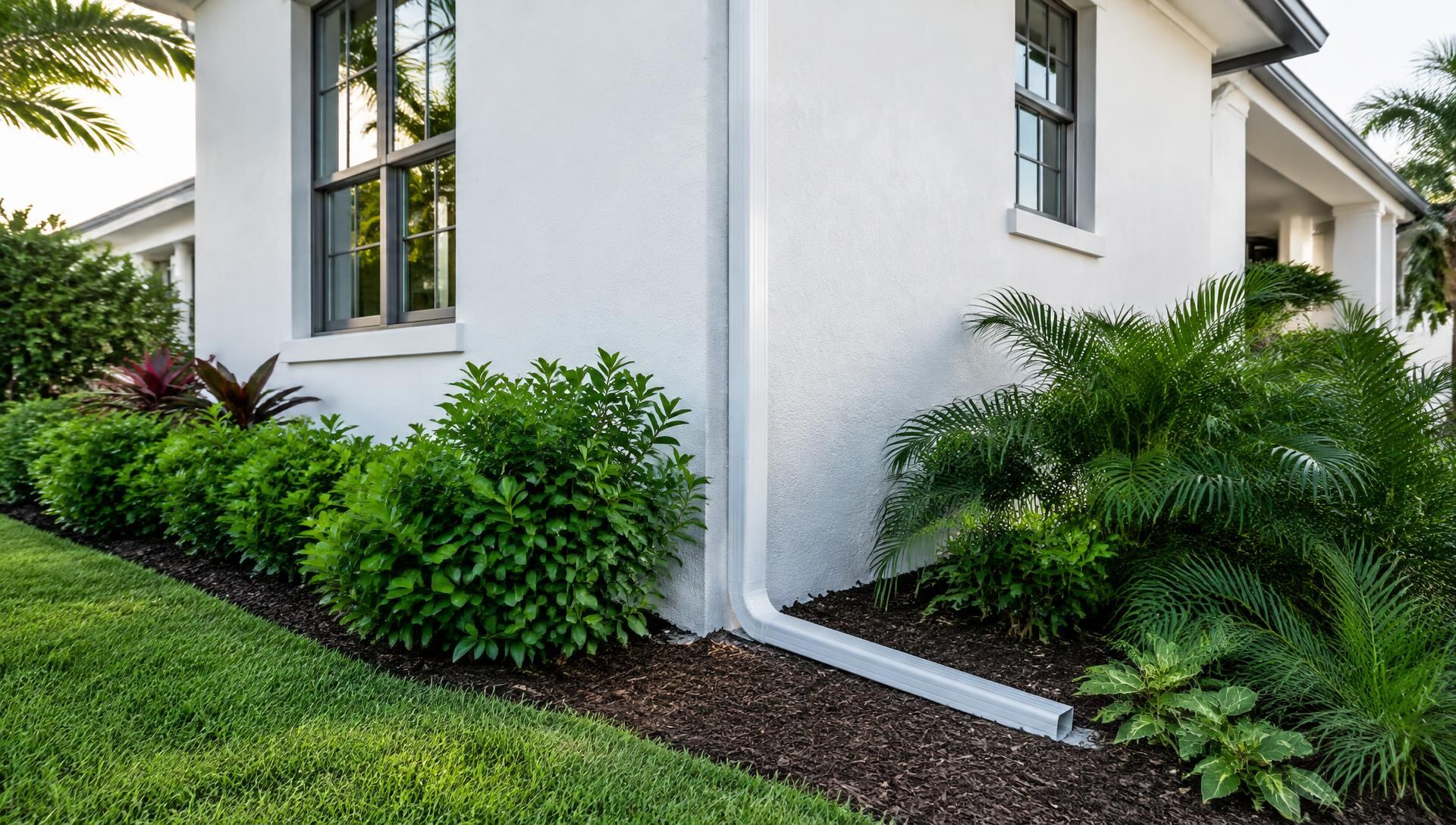 White downspout running down the corner of a stucco Florida home into an extension across landscaping