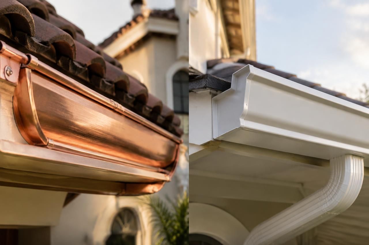 Copper half-round gutter beside a white aluminum K-style gutter on a Florida home
