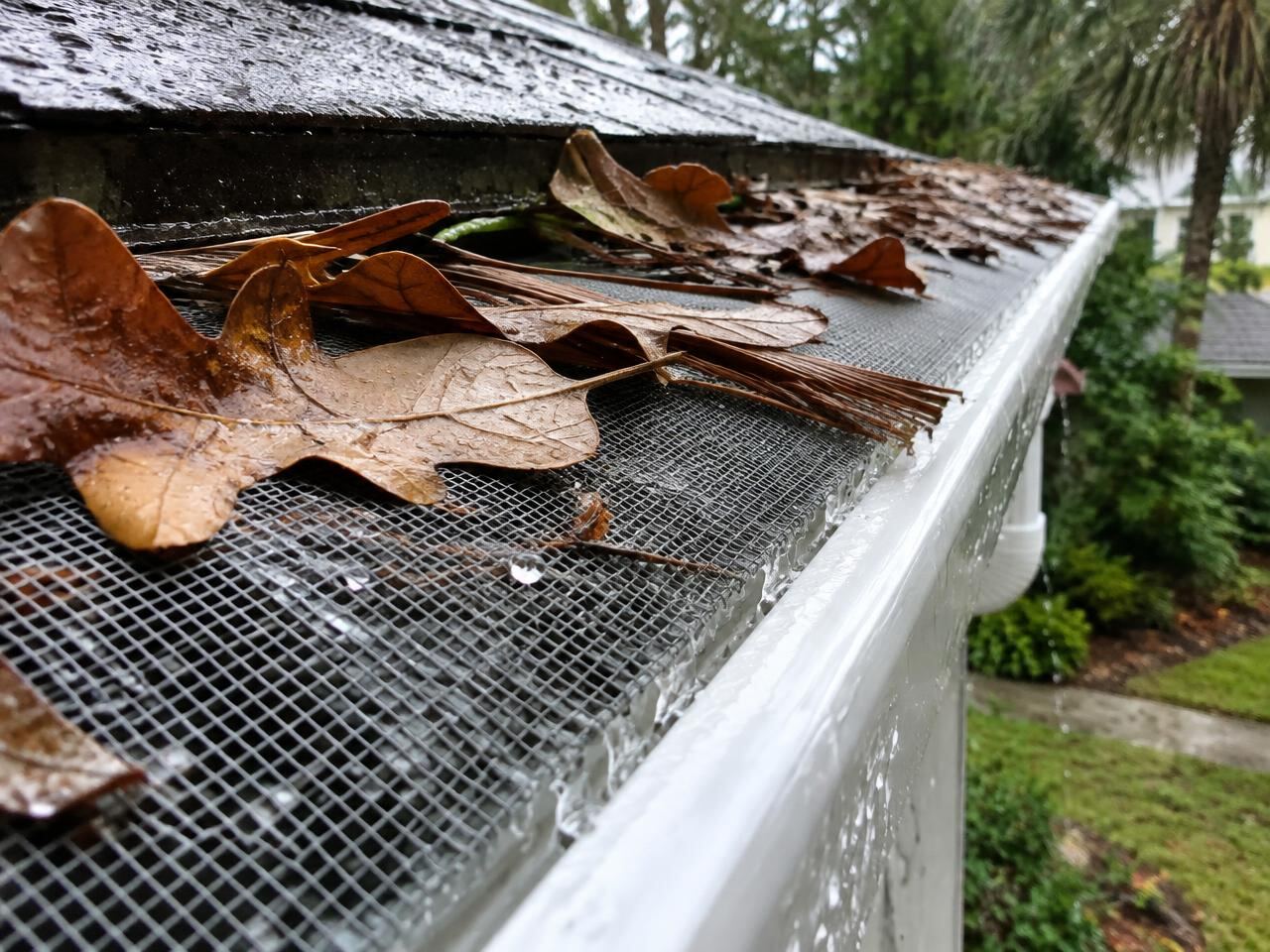 Oak leaves and pine needles resting on top of a mesh gutter guard while rain flows through