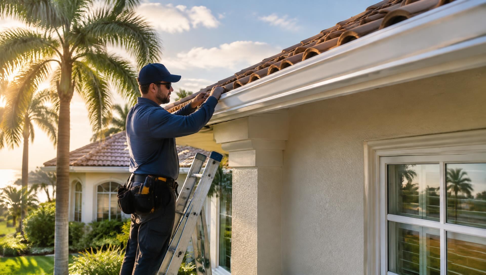 Installer fitting a new white aluminum gutter along the roofline of a Florida home with a tile roof
