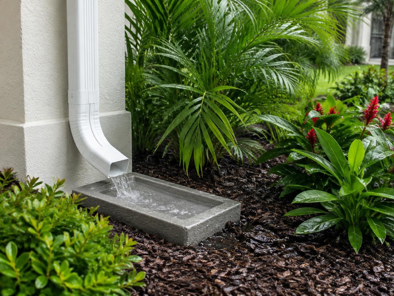 Downspout emptying rainwater onto a splash block away from a stucco foundation