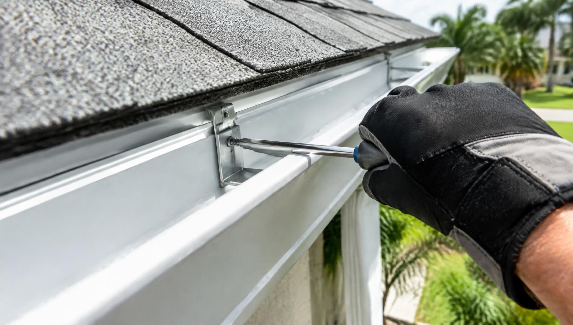 Gloved hand tightening a hidden hanger inside a white aluminum gutter on a Florida home