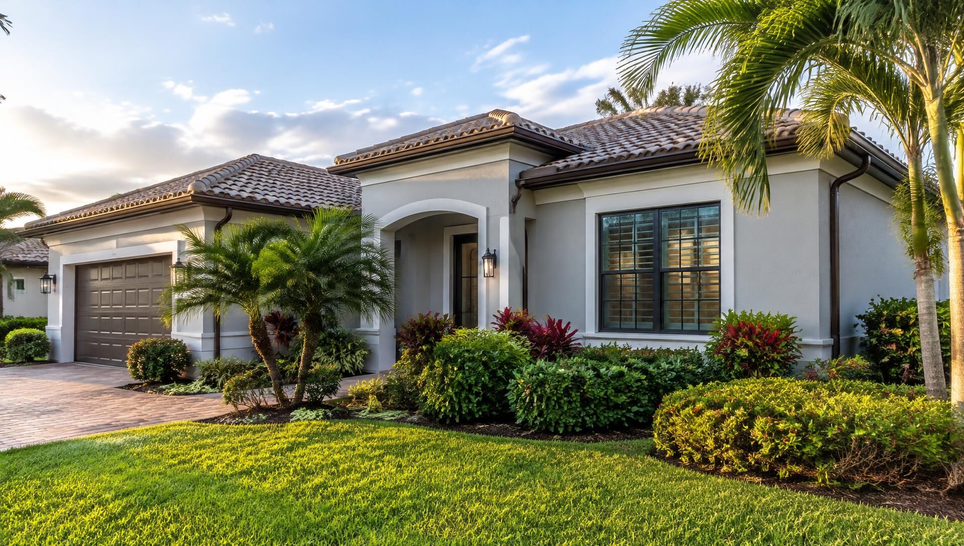 Single-story Florida home with a tile roof and new bronze-colored gutters and downspouts