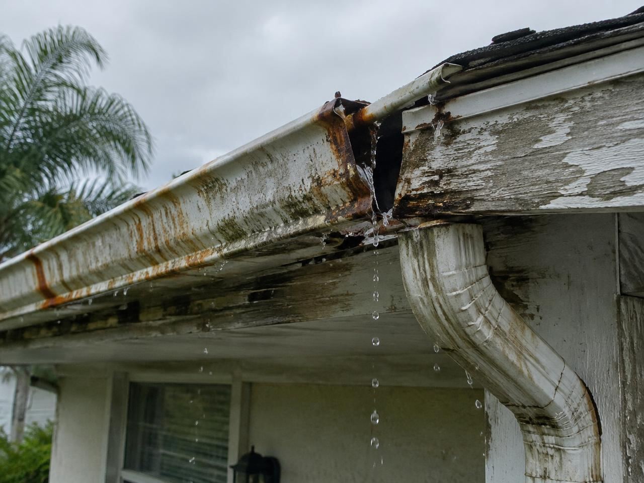 Rusted, sagging sectional gutter leaking at a joint beside a weathered fascia board