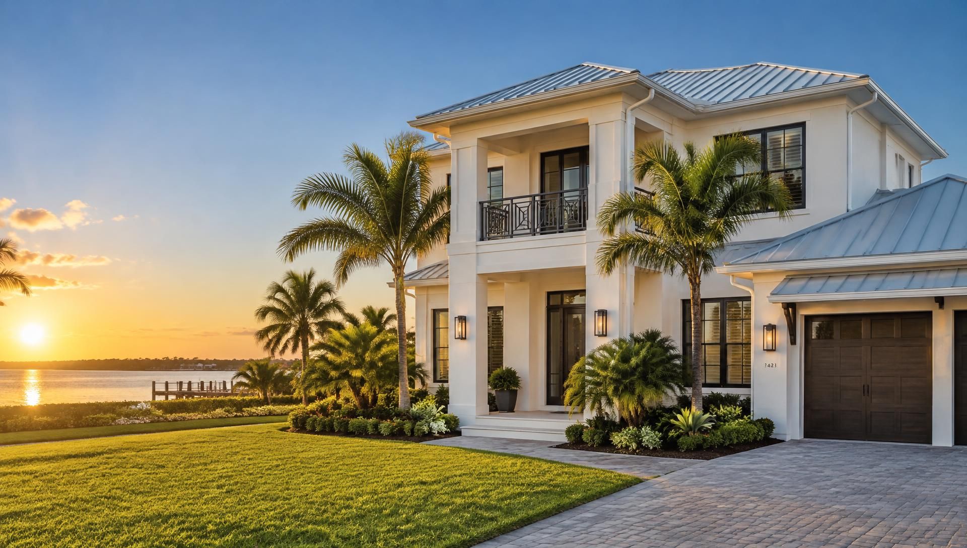 Two-story coastal home in Bradenton FL with white seamless gutters and downspouts at sunset
