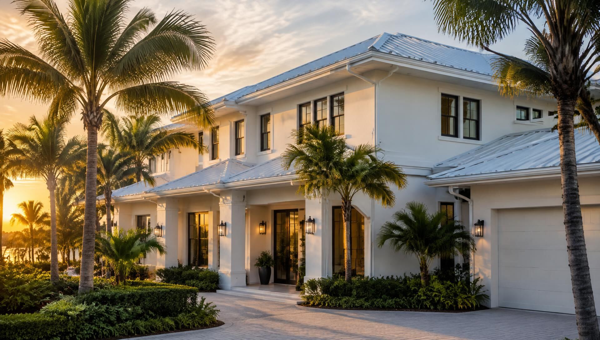 Two-story white Florida home with a metal roof and long continuous white gutters along the eaves at sunset