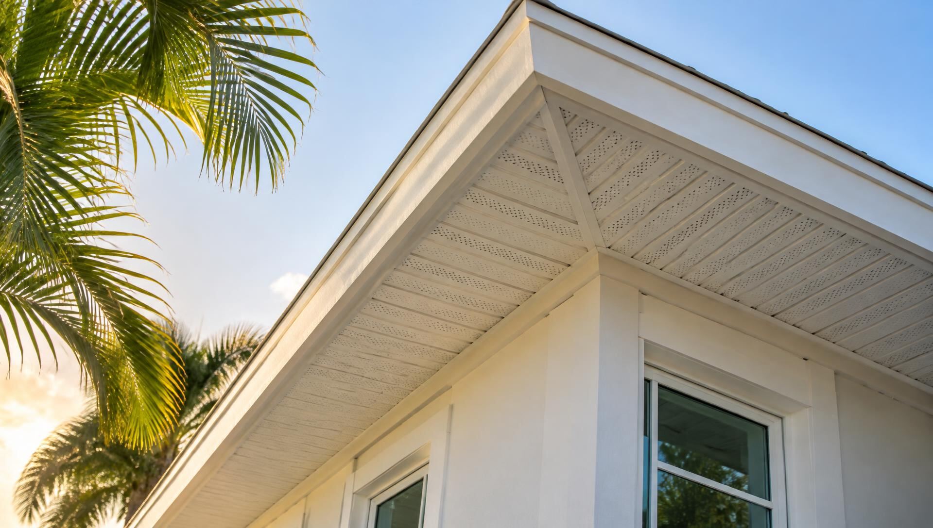 Looking up at crisp white fascia and vented soffit under the eaves of a Florida home