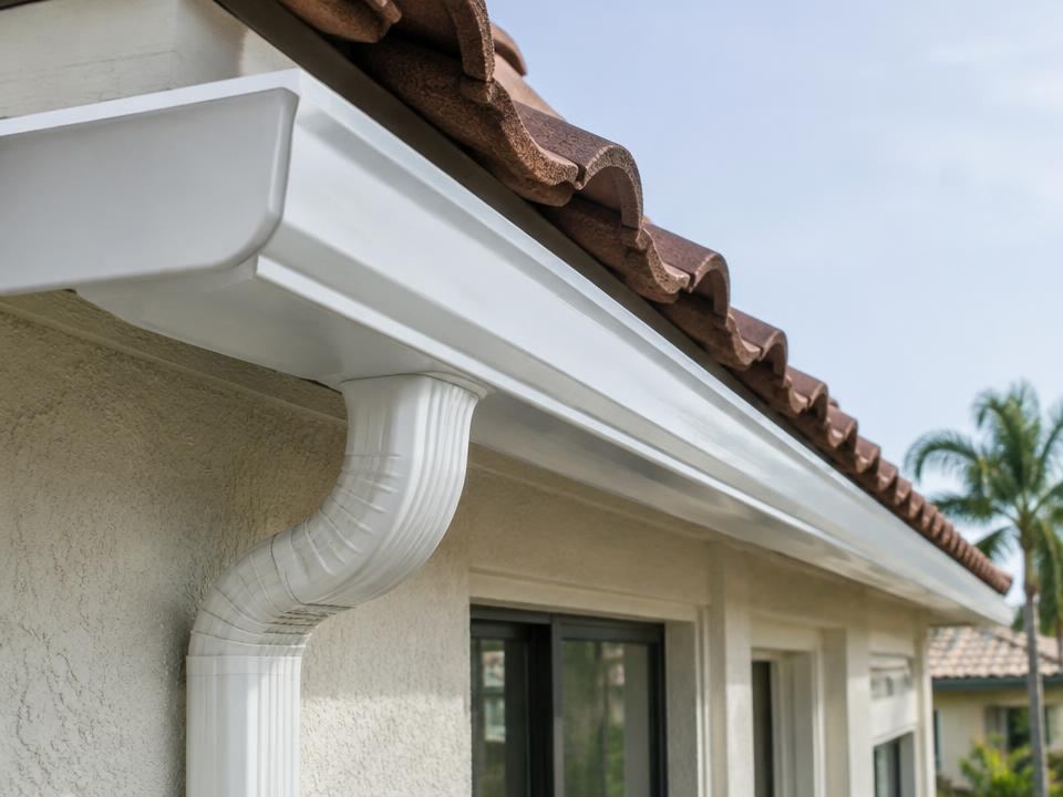 New white aluminum gutter and downspout installed on a Bradenton FL stucco home