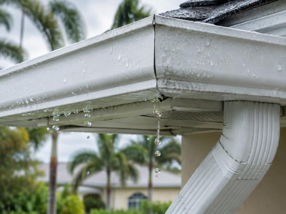 Leaking gutter joint dripping during rainfall