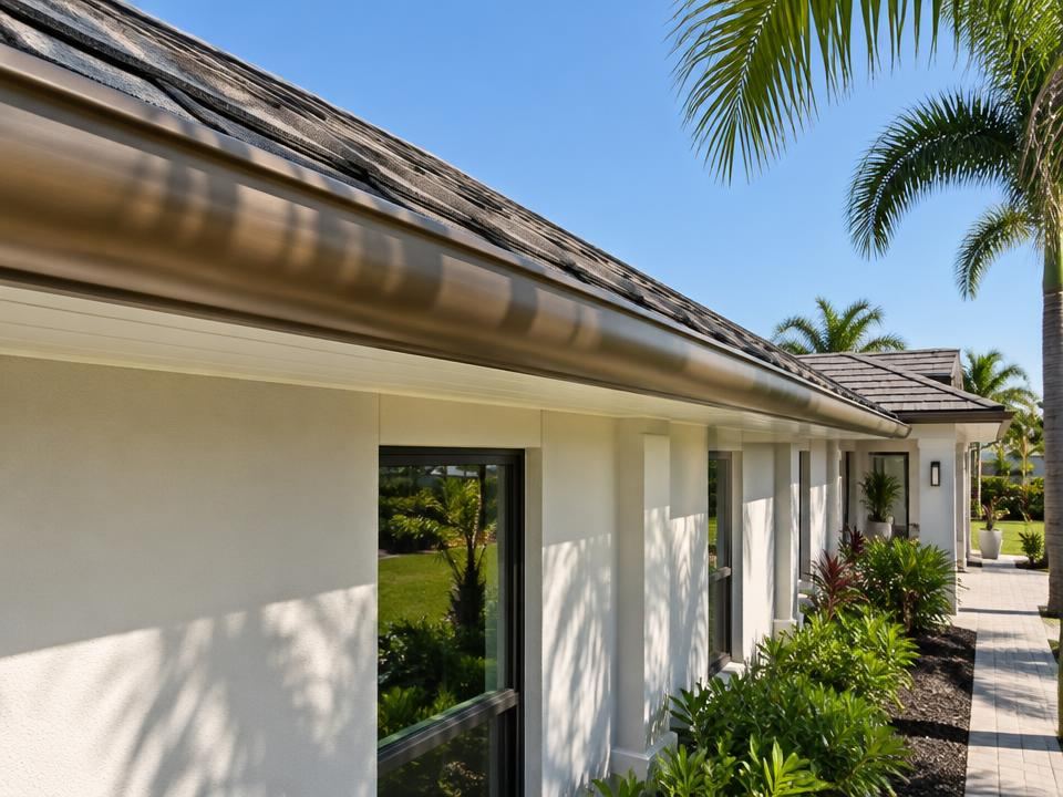 Bronze seamless gutter installed along a residential roofline